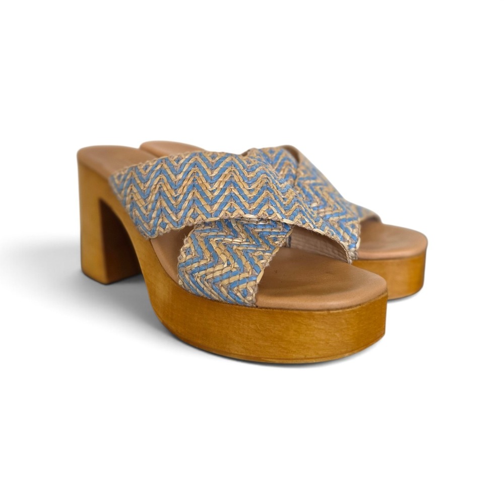 Avellini Leather Boho Y2K Blue Block Wooden Platform Sandals sz 40 Us 9.5